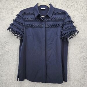 Akris Punto Navy Blue Short Sleeve Shirt with Decorative Trim Size US 6